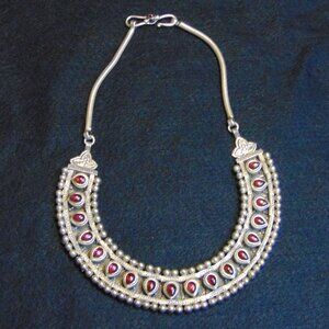 Garnet Teardrop Statement Bib Necklace Silver Tone Vintage Inspired